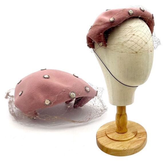 Vintage 1950s Sequin Bead Studded Pink Velour Mesh Veiled Juliet Cap Hat Beret - Picture 15 of 15